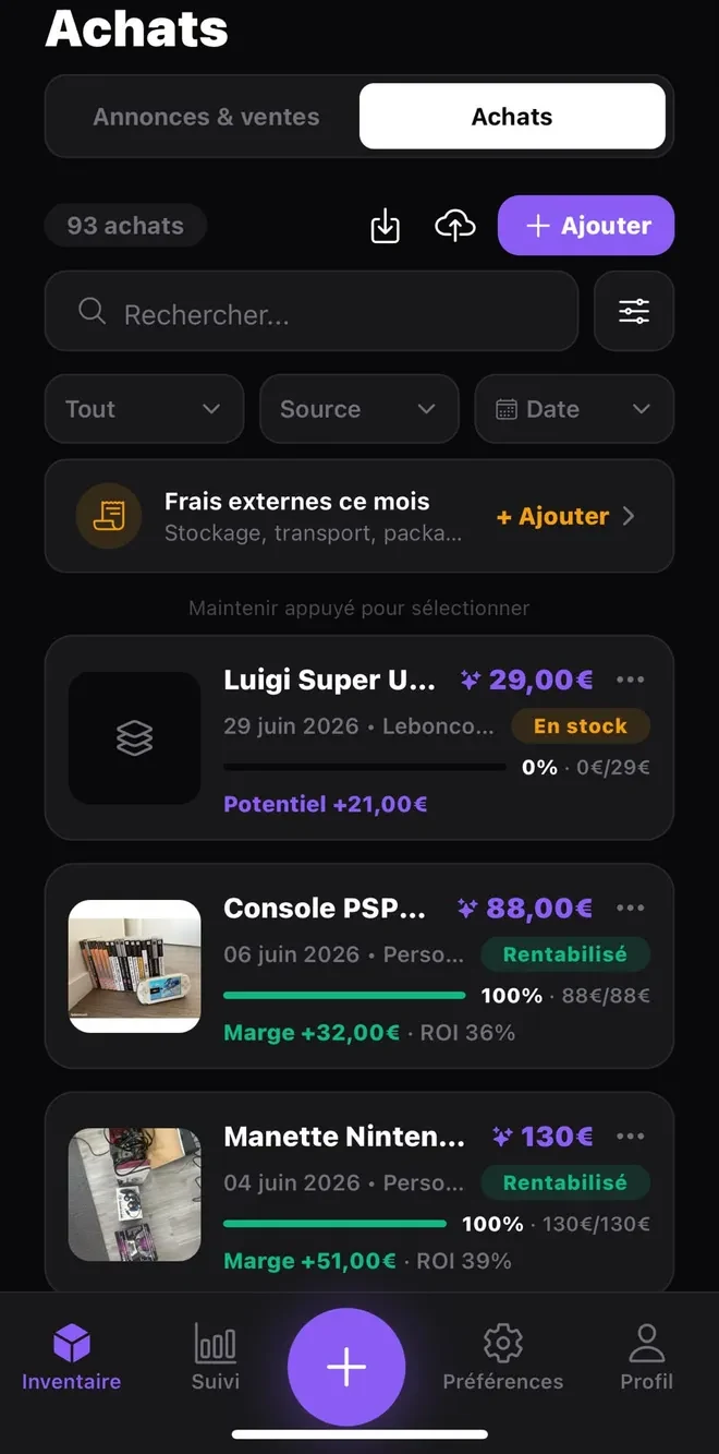 Liste des achats dans Postfast avec marge et ROI calculés pour chaque lot.