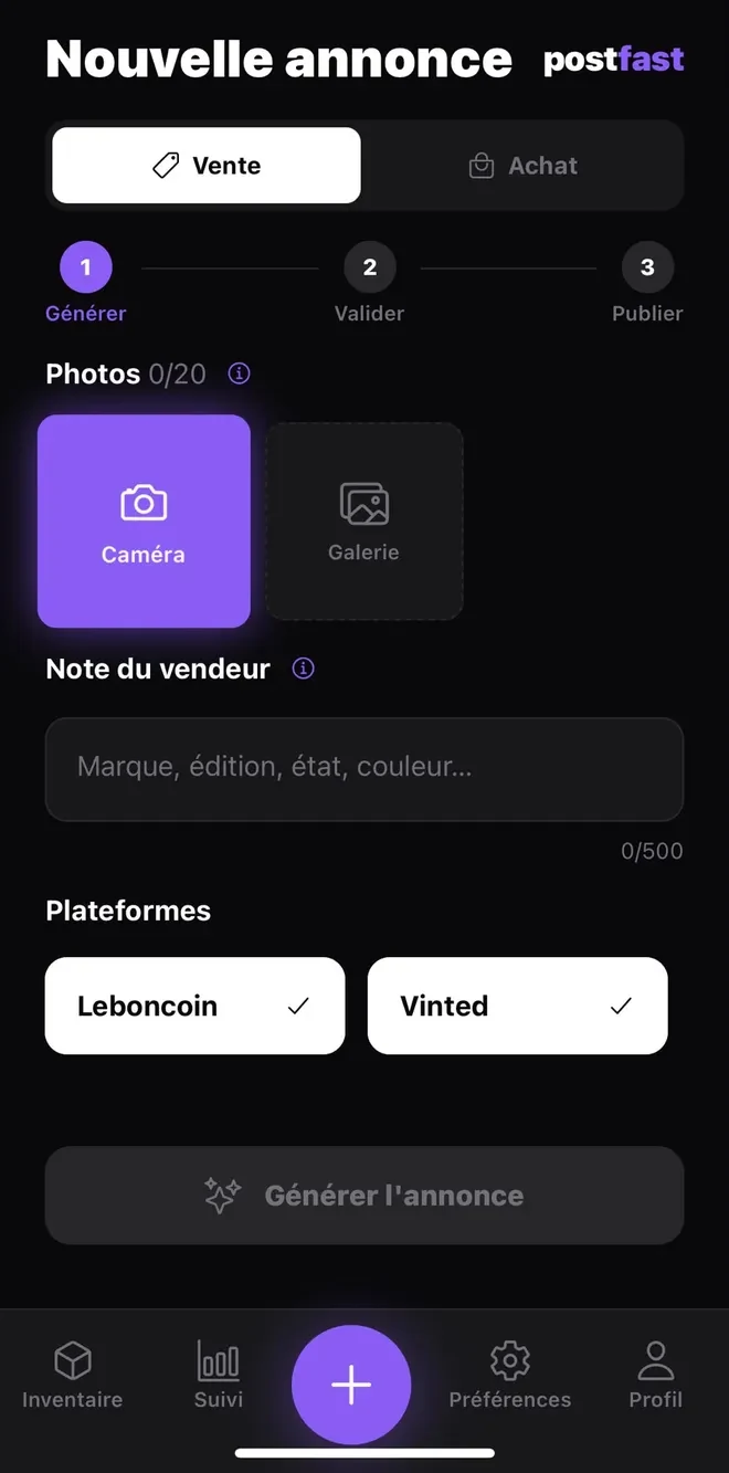 Écran de création d'annonce Postfast : choix des photos et mode Vente ou Achat.