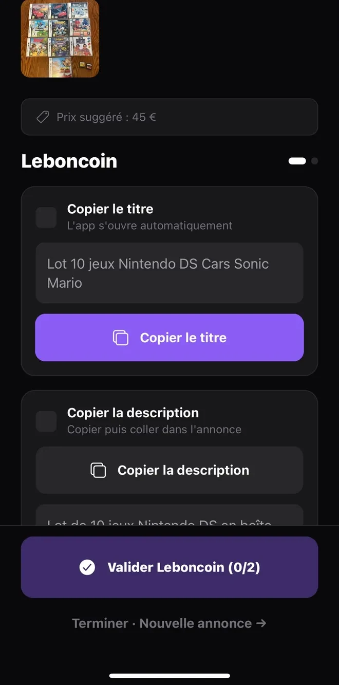 Publication assistée sur Leboncoin : copie du titre et de la description en un geste.
